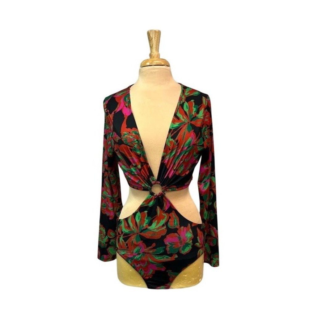ASTR Bodysuit Women L Black NWT Tropical Floral Cutout O-Ring Long Sleeve V-Neck